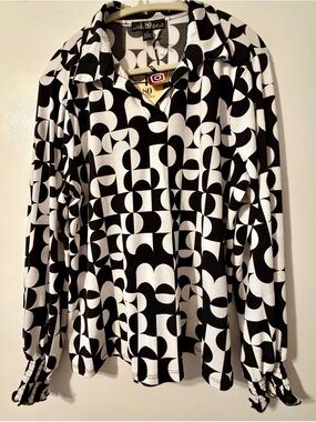 80 Park Black & White Geometric Collared Shirt NWT